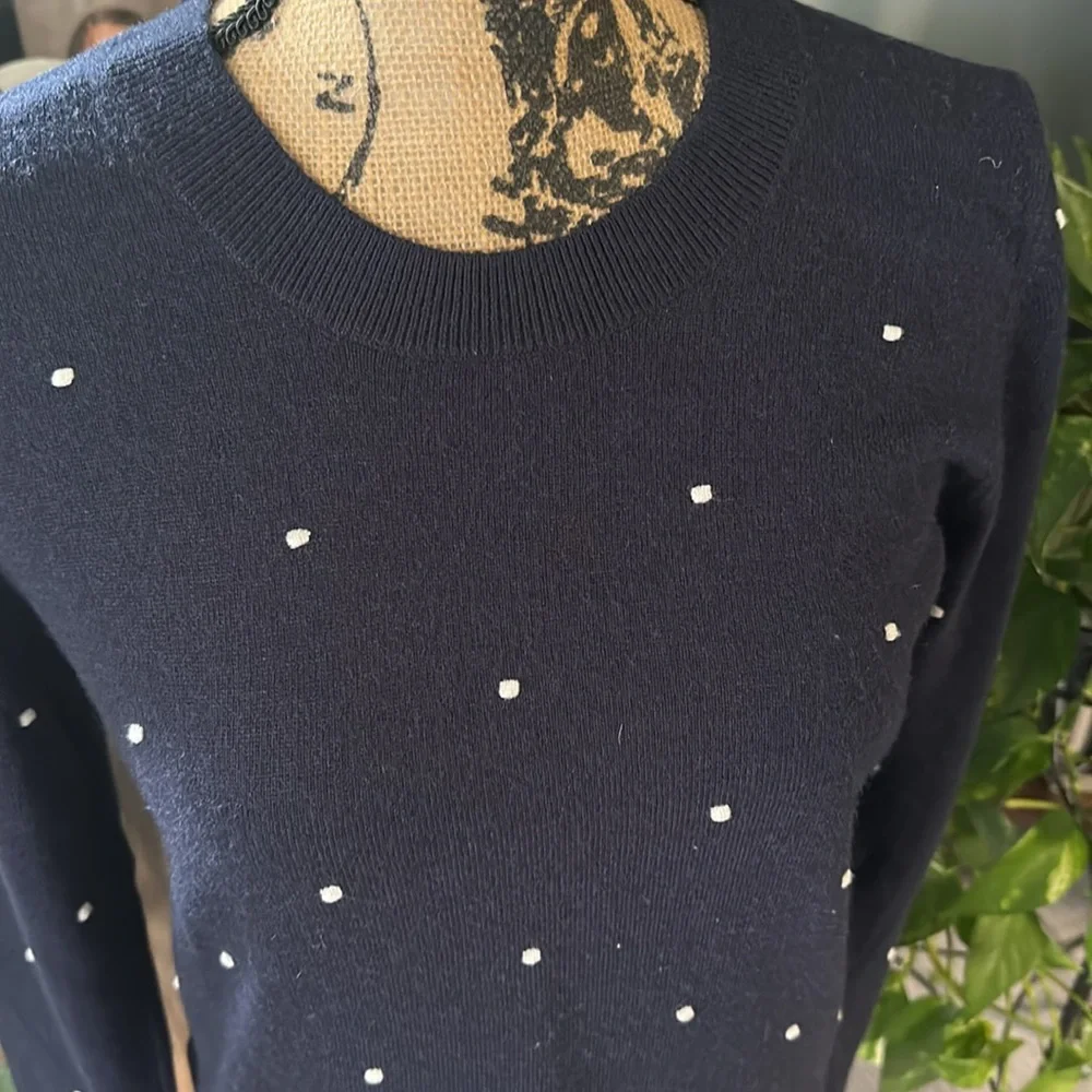 LOFT Navy Blue Crew Neck Sweater with White Dots. NWOT. Size XS. - Picture 3 of 6